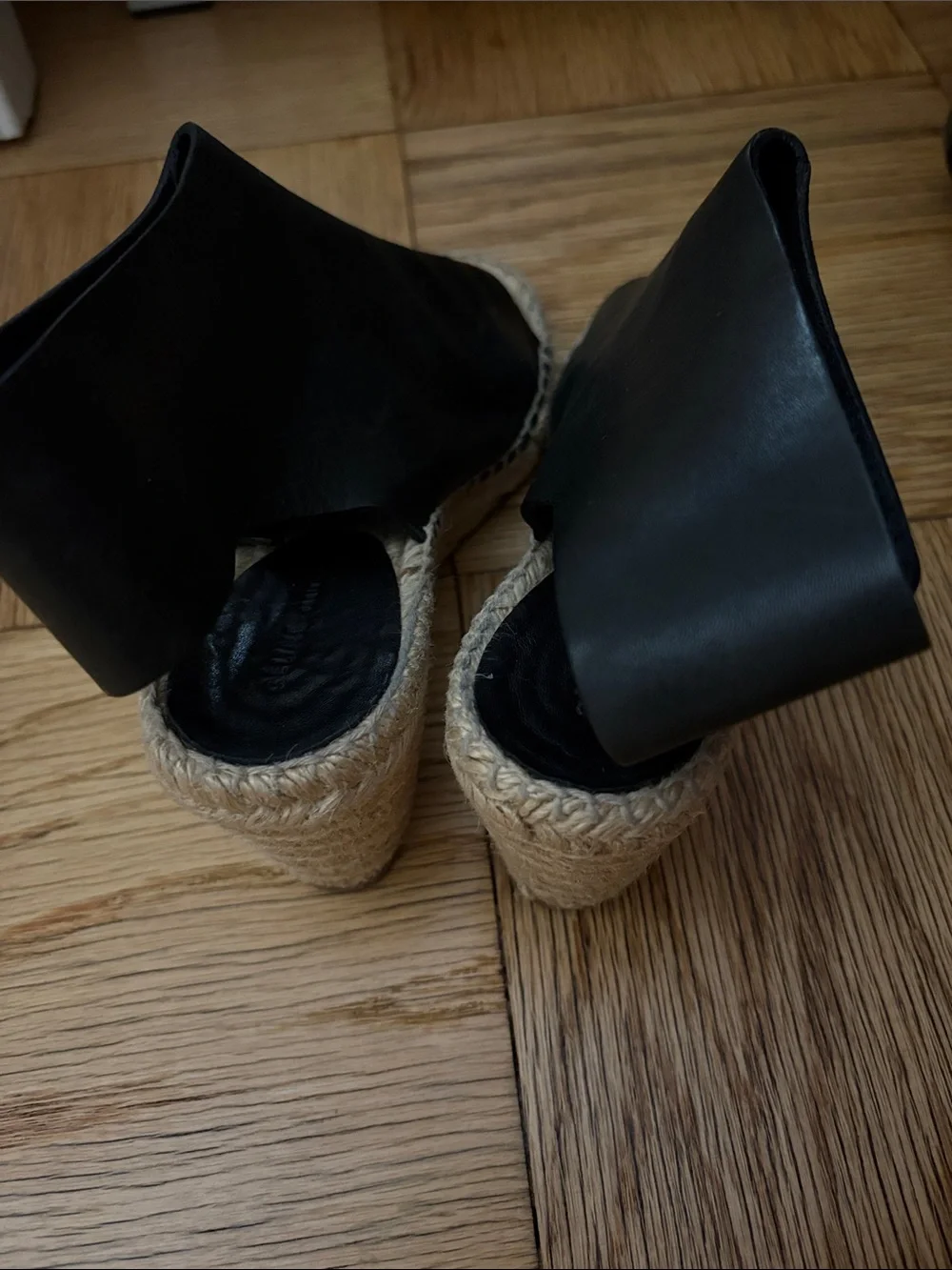 CELINE Black Leather Open-Toe Thong Espadrille Wedge Sandal 37